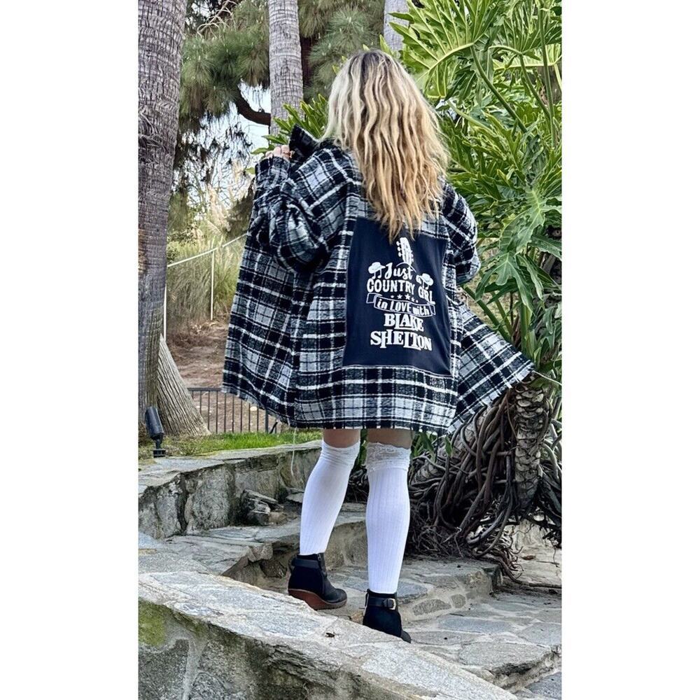 Just A Country Girl In Love With BLAKE SHELTON Plaid Flannel Upcycled Shacket XL